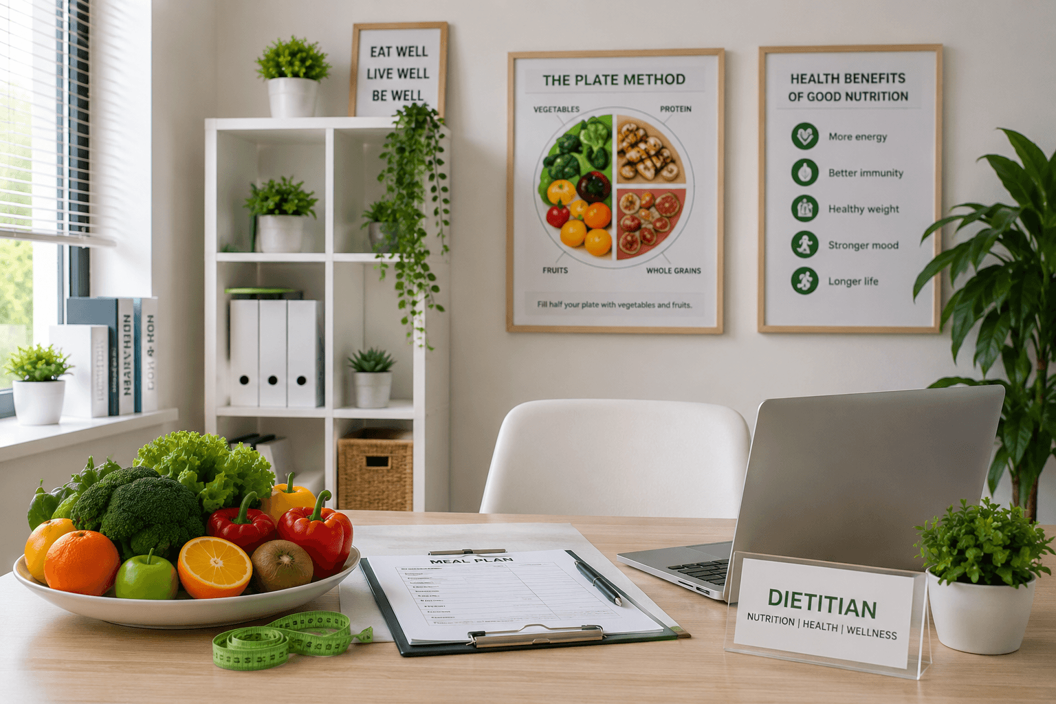 A dietitian's desk: a meal plan on a clipboard, fresh produce, and a plate method chart on the wall